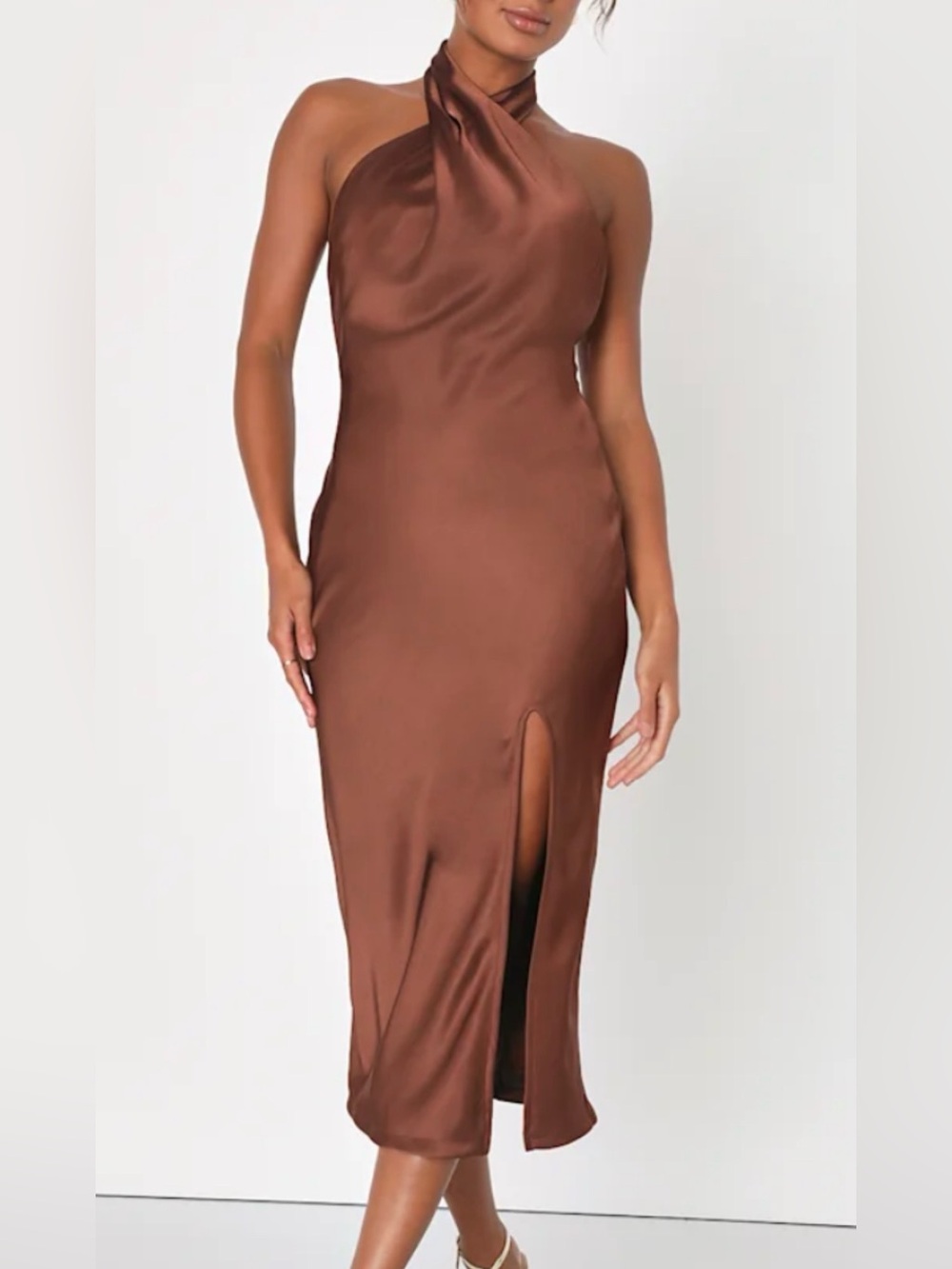 Lulus Satin Halter Midi Dress in Chocolate Brown Small